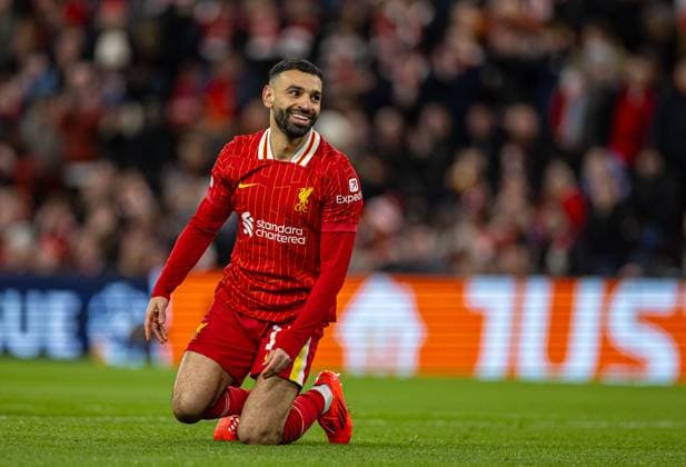 Football - UEFA Champions League - Round of 16 2nd Leg - Liverpool FC v Paris Saint-Germain FC LIVERPOOL, ENGLAND - Tuesday, March 11, 2025: Liverpool s Mohamed Salah reacts after missing a chance during the UEFA Champions League Round of 16 2nd Leg match between Liverpool FC and Paris Saint-Germain FC at Anfield. (Photo by David Rawcliffe Propaganda) LIVERPOOL Anfield MERSEYSIDE ENGLAND  Copyright: xDavidxRawcliffex P2025-03-11-Liverpool_PSG-33