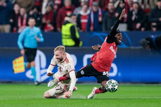 UEFA Champions League, Bayer 04 Leverkusen FC Bayern Munich 11 03 2025 tackle Konrad Laimer FC Bayern Munich, 27 , Jeremie Frimpong Bayer 04 Leverkusen, 30 Foul UEFA Champions League round of 16 second leg, Bayer 04 Leverkusen FC Bayern Munich Leverkusen, BayArena on 11 03 2025 Copyright: xBEAUTIFULxSPORTS Wunderlx