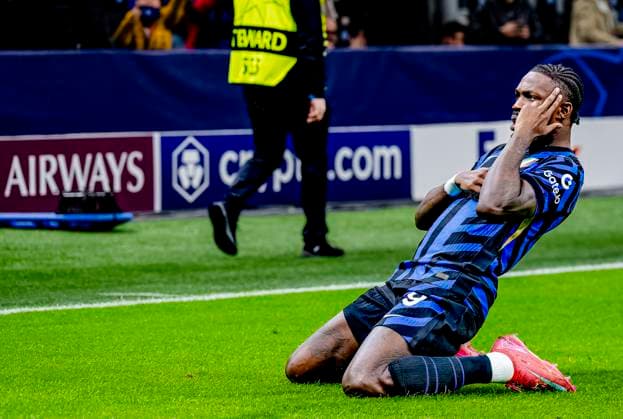 FC Internazionale Milan forwarder Marcus Thuram scores the 1 0 and celebrating the goal during the match Inter Feyenoord at the San Siro Stadium for the UEFA Champions League Round of 16 2st leg season 2024 2025 in MILAN, Italia on 11 march 2025, photo by Marcel van Dorst EYE4images DeFodi Images