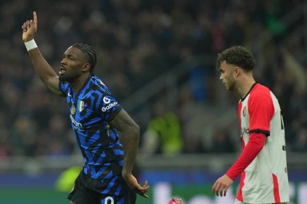 Inter Milan s Marcus Thuram celebrates after scoring 1-0 during the Uefa Champions League soccer match between Inter and Feyenoord at the San Siro Stadium in Milan, north Italy - Tuesday , March 11 , 2025. - Soccer .  Copyright: xSpada LaPressex