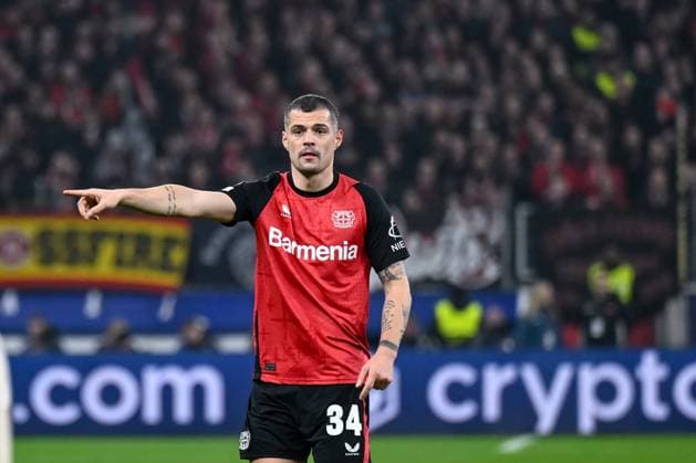 11 03 2025, Football UEFA Champions League 2024 2025, Round of 16, Bayer 04 Leverkusen FC Bayern München, in the BayArena, Granit Xhaka Bayer Leverkusen DFL and DFB regulations prohibit any use of photographs as image sequences and or quasi video