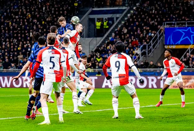 FC Internazionale Milan defender Benjamin Pavard, Feyenoord Rotterdam defender Thomas Beelen during the match Inter Feyenoord at the San Siro Stadium for the UEFA Champions League Round of 16 2st leg season 2024 2025 in MILAN, Italia on 11 march 2025, photo by Marcel van Dorst EYE4images DeFodi Images