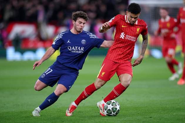 Liverpool FC v Paris Saint-Germain - UEFA Champions League 2024 25 Round of 16 Second Leg Joao Neves of Paris Saint-Germain and Luis Diaz of Liverpool challenge during the UEFA Champions League 2024 25 UEFA Champions League 2024 25 Round of 16 Second Leg match between Liverpool FC and Paris Saint-Germain at Anfield on March 11, 2025 in Liverpool, England. Liverpool Anfield England United Kingdom Copyright: xedxSykes Sportsphoto APLx 14060877