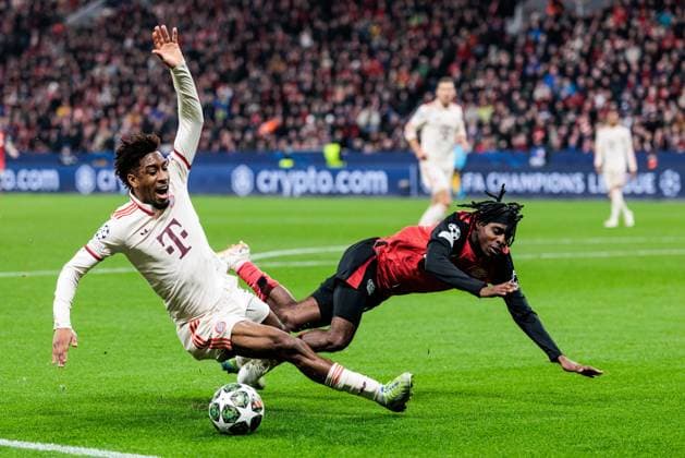 UEFA Champions League, Bayer 04 Leverkusen FC Bayern Munich 11 03 2025 duel Kingsley Coman FC Bayern Munich, 11 , Jeremie Frimpong Bayer 04 Leverkusen, 30 UEFA Champions League round of 16 second leg, Bayer 04 Leverkusen FC Bayern Munich Leverkusen, BayArena on 11 03 2025 Copyright: xBEAUTIFULxSPORTS Wunderlx