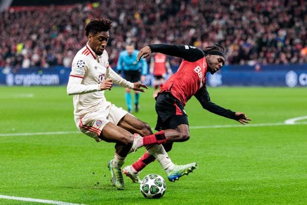 UEFA Champions League, Bayer 04 Leverkusen FC Bayern Munich 11 03 2025 duel Kingsley Coman FC Bayern Munich, 11 , Jeremie Frimpong Bayer 04 Leverkusen, 30 UEFA Champions League round of 16 second leg, Bayer 04 Leverkusen FC Bayern Munich Leverkusen, BayArena on 11 03 2025 Copyright: xBEAUTIFULxSPORTS Wunderlx
