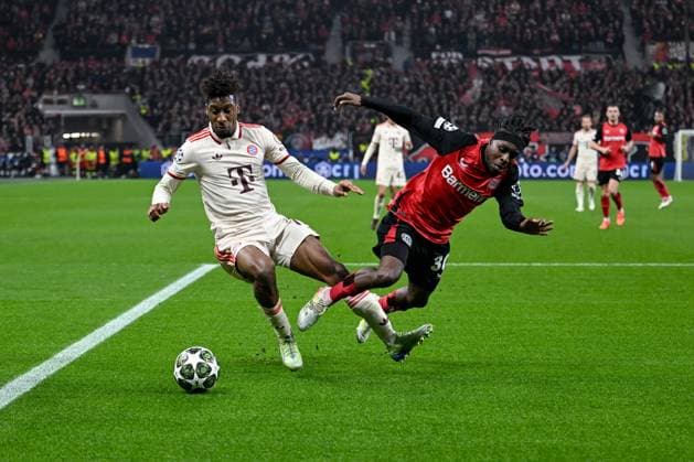 11 03 2025, Football UEFA Champions League 2024 2025, Round of 16, Bayer 04 Leverkusen FC Bayern München, in the BayArena, Kingsley Coman FC Bayern München , Jeremie Frimpong Bayer Leverkusen DFL and DFB regulations prohibit any use of photographs as image sequences and or quasi video