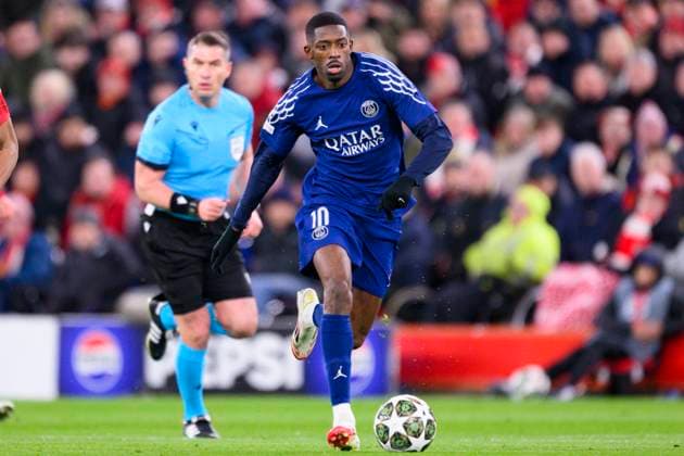 Liverpool FC v Paris Saint-Germain - UEFA Champions League 2024 25 Round of 16 Second Leg LIVERPOOL, ENGLAND - MARCH 11: Ousmane Dembele of Paris Saint Germain runs with the ball during the UEFA Champions League 2024 25 Round of 16 Second Leg match between Liverpool FC and Paris Saint-Germain at Anfield on March 11, 2025 in Liverpool, England. LiverpoolUnited Kingdom  Copyright: xRichardxCallisx