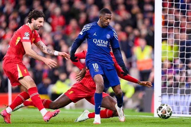 Liverpool FC v Paris Saint-Germain - UEFA Champions League 2024 25 Round of 16 Second Leg LIVERPOOL, ENGLAND - MARCH 11: Ousmane Dembele of Paris Saint Germain attempts a kick during the UEFA Champions League 2024 25 Round of 16 Second Leg match between Liverpool FC and Paris Saint-Germain at Anfield on March 11, 2025 in Liverpool, England. LiverpoolUnited Kingdom  Copyright: xRichardxCallisx