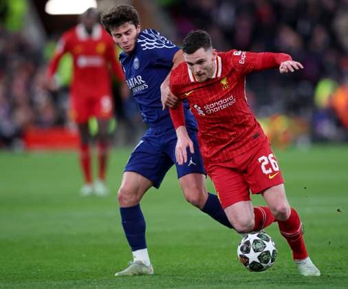 Liverpool FC v Paris Saint-Germain - UEFA Champions League 2024 25 Round of 16 Second Leg Joao Neves of Paris Saint-Germain and Andrew Robertson of Liverpool challenge during the UEFA Champions League 2024 25 UEFA Champions League 2024 25 Round of 16 Second Leg match between Liverpool FC and Paris Saint-Germain at Anfield on March 11, 2025 in Liverpool, England. Liverpool Anfield England United Kingdom Copyright: xedxSykes Sportsphoto APLx 14060882
