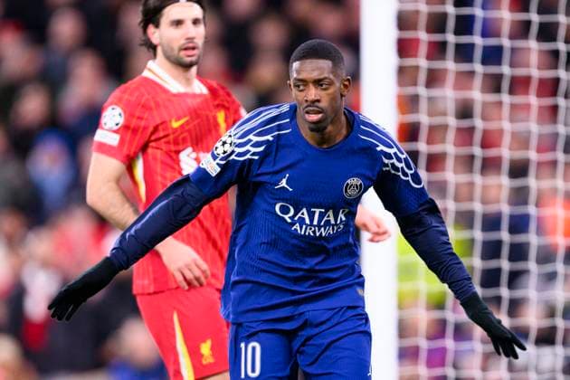 Liverpool FC v Paris Saint-Germain - UEFA Champions League 2024 25 Round of 16 Second Leg LIVERPOOL, ENGLAND - MARCH 11: Ousmane Dembele of Paris Saint Germain celebrates his goal during the UEFA Champions League 2024 25 Round of 16 Second Leg match between Liverpool FC and Paris Saint-Germain at Anfield on March 11, 2025 in Liverpool, England. LiverpoolUnited Kingdom  Copyright: xRichardxCallisx