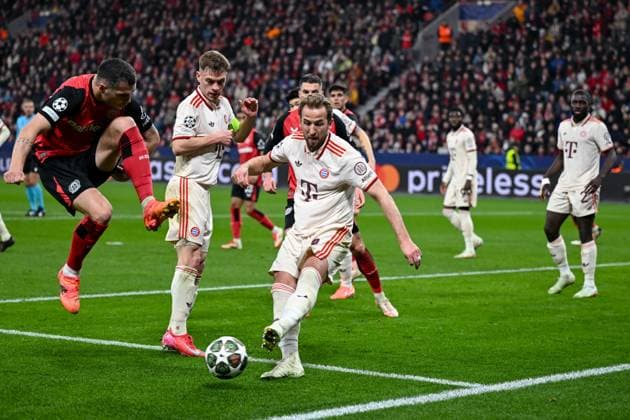 11 03 2025, Football UEFA Champions League 2024 2025, Round of 16, Bayer 04 Leverkusen FC Bayern Munich, in the BayArena, Granit Xhaka Bayer Leverkusen , Joshua Kimmich FC Bayern Munich , Harry Kane FC Bayern Munich DFL and DFB regulations prohibit any use of photographs as image sequences and or quasi video