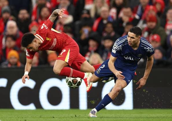 Luis Diaz of Liverpool and Achraf Hakimi Paris Saint-Germain Liverpool v Paris Saint-Germain, UEFA Champions League, Round of 16, Second Leg, Football, Anfield, Liverpool, UK - 11 Mar 2025 EDITORIAL USE ONLY No use with unauthorised audio, video, data, fixture lists, club league logos or live services. Online in-match use limited to 120 images, no video emulation. No use in betting, games or single club league player publications. Copyright: xRyanxBrowne Shutterstockx 15188180bi