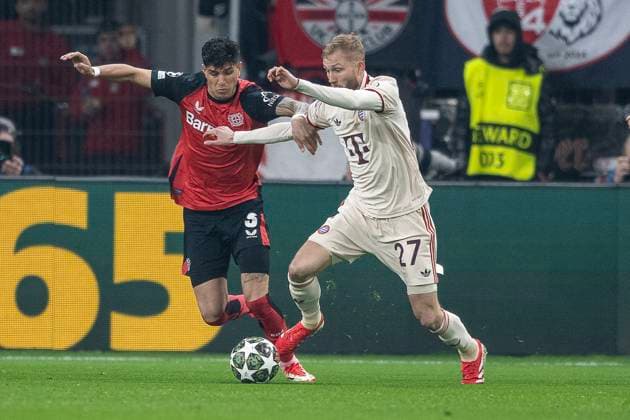 11 03 2025, Football UEFA Champions League, Season 2024 2025, Round of 16, Second leg, Bayer 04 Leverkusen FC Bayern Muenchen in the BayArena in Leverkusen ze Piero Hincapie Bayer 04 Leverkusen, 03 3 and Konrad Laimer FC Bayern Muenchen, 27 Photo Kirchner Media Thomas Haesler Copyright: xKirchner-Media ThomasxHaeslerx