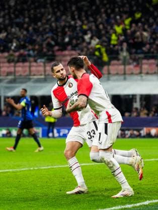 UEFA Champions League: FC Internationale Milan v Feyenoord Milan - David Hancko of Feyenoord, Jakub Moder of Feyenoord during the 2nd leg of the round of 16 of new format of the Champions League 2024 2025. The match is set between FC Internationale Milan and Feyenoord at Giuseppe Meazza San Siro on 11 March 2025 in Milan, Italy. Copyright: xYannickxVerhoevenx