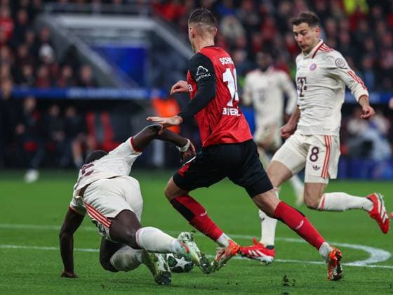 March 11, 2025, Leverkusen, Nrw, Germany: DAYOT UPAMECANO (Bayern Mo¼nchen, 2), LEON GORETZKA (Bayern Mo¼nchen, 8) and PATRICK SCHICK (Bayer 04 Leverkusen, 14) fights for ball, during the UEFA Champions League round of 16, 2nd leg match between Bayer 04 Leverkusen and Bayern Mo¼nchen at the BayArena Stadium. Leverkusen Germany - ZUMAb275 20250311_zsp_b275_015 Copyright: xGabrielxBoiax
