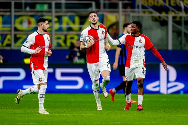 Feyenoord Rotterdam midfielder Jacub Moder scores the 1 1 and celebrating the goal during the match Inter Feyenoord at the San Siro Stadium for the UEFA Champions League Round of 16 2st leg season 2024 2025 in MILAN, Italia on 11 march 2025, photo by Marcel van Dorst EYE4images DeFodi Images