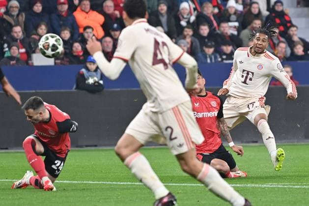 11 03 2025, xjrdrx, Football UEFA Champions League, Bayer 04 Leverkusen Bayern Munich v l Michael Olise Muenchen, 17 shoots the ball on goal, shot on goal, shot DFL DFB REGULATIONS PROHIBIT ANY USE OF PHOTOGRAPHS as IMAGE SEQUENCES and or QUASI VIDEO Leverkusen