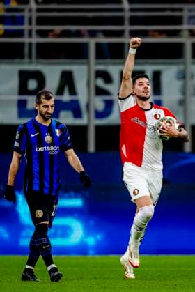 Feyenoord Rotterdam midfielder Jacub Moder scores the 1 1 and celebrating the goal during the match Inter Feyenoord at the San Siro Stadium for the UEFA Champions League Round of 16 2st leg season 2024 2025 in MILAN, Italia on 11 march 2025, photo by Marcel van Dorst EYE4images DeFodi Images