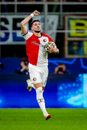 Feyenoord Rotterdam midfielder Jacub Moder scores the 1 1 and celebrating the goal during the match Inter Feyenoord at the San Siro Stadium for the UEFA Champions League Round of 16 2st leg season 2024 2025 in MILAN, Italia on 11 march 2025, photo by Marcel van Dorst EYE4images DeFodi Images