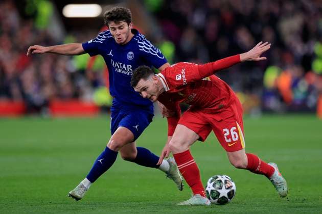 Liverpool v Paris Saint-Germain Champions League 11 03 2025. Andrew Robertson (26) of Liverpool is challenged by Joao Neves (87) of Paris Saint-Germain during the Champions League match between Liverpool and Paris Saint-Germain at Anfield, Liverpool, England on 11 March 2025. Liverpool Anfield Merseyside England Editorial use only , Copyright: xConorxMolloyx PSI-21615-0025