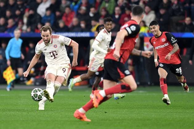 Harry Kane FC Bayern Muenchen controls the ball during the UEFA Champions League 2024 25 Round of 16 Second Leg match between Bayer 04 Leverkusen and FC Bayern München at BayArena on March 11, 2025 in Leverkusen, Germany Photo by Ralf Treese DeFodi Images