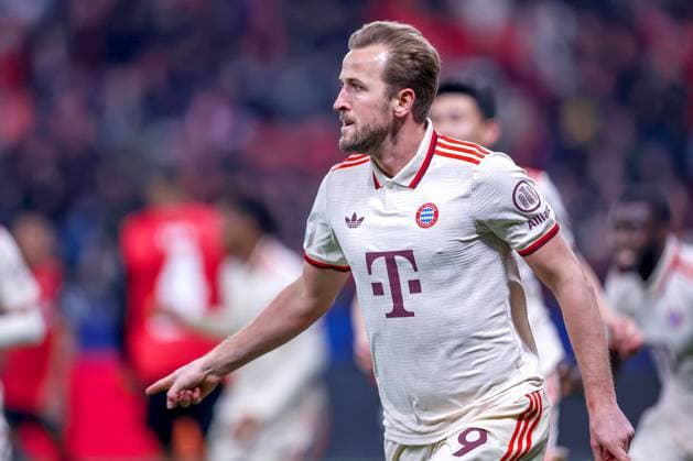 11 03 2025, Football, UEFA Champions League, Bayer 04 Leverkusen FC Bayern Munich, Round of 16 second leg, BayArena, Season 2024 2025 Goal celebration after the 1 0 by scorer Harry Kane FC Bayern 9 DFB regulations prohibit any use of photographs as image sequences and or quasi video North Rhine-Westphalia Germany