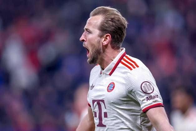 11 03 2025, Football, UEFA Champions League, Bayer 04 Leverkusen FC Bayern Munich, Round of 16 second leg, BayArena, Season 2024 2025 Goal celebration after the 1 0 by scorer Harry Kane FC Bayern 9 DFB regulations prohibit any use of photographs as image sequences and or quasi video North Rhine-Westphalia Germany