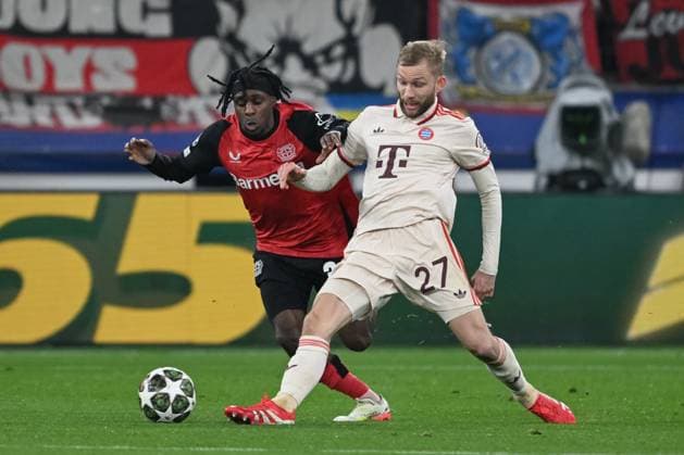 11 03 2025, xsltx, Football UEFA Champions League, Bayer 04 Leverkusen Bayern Munich v l Jeremie Frimpong Leverkusen, 30 , Konrad Laimer Muenchen, 27 duel, fight, tackle DFL DFB REGULATIONS PROHIBIT ANY USE OF PHOTOGRAPHS as IMAGE SEQUENCES and or QUASI VIDEO Leverkusen