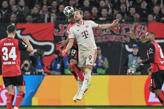 11 03 2025, xsltx, Football UEFA Champions League, Bayer 04 Leverkusen Bayern Munich v l Arthur Leverkusen, 13 , Harry Kane Muenchen, 9 duel, duel, fight, tackle DFL DFB REGULATIONS PROHIBIT ANY USE OF PHOTOGRAPHS as IMAGE SEQUENCES and or QUASI VIDEO Leverkusen