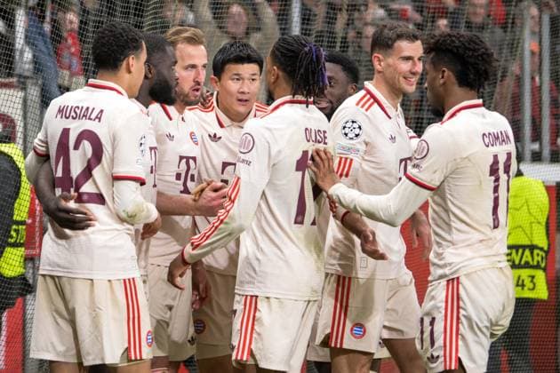 Soccer, UEFA Champions League, 20250311, Bayer 04 Leverkusen FC Bayern Munich In the picture Bayern goal celebration cheers goal 0 1 Leverkusen BayArena North Rhine-Westphalia Germany Copyright: Passion2Press MarkusxFischerx