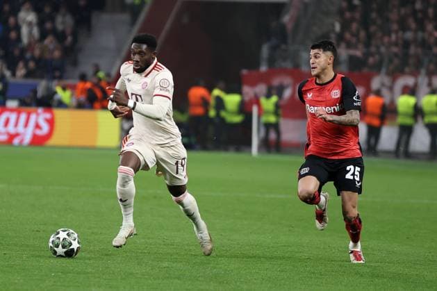 Alphonso Davies FC Bayern Munich and Exequiel Palacios Bayer 04 Leverkusen in the round of 16 second leg of the 2024 UEFA Champions League season 25 Bayer Leverkusen FC Bayern Munich Copyright Thomas Pakusch Copyright: Thomas Pakusch