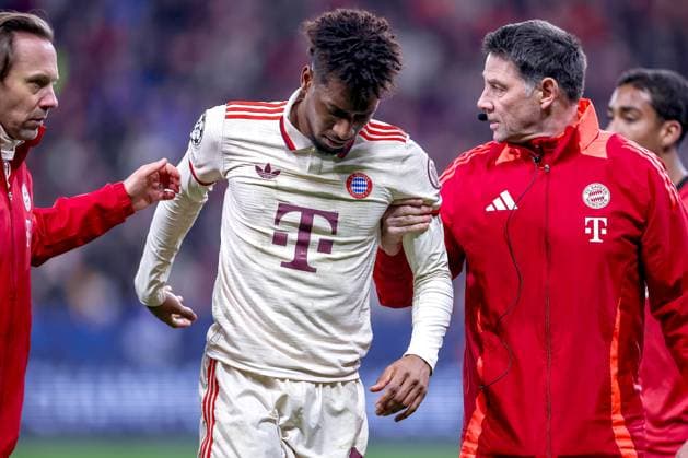 11 03 2025, Football, UEFA Champions League, Bayer 04 Leverkusen FC Bayern München, Round of 16 second leg, BayArena, Season 2024 2025 Kingsley Coman FC Bayern 11 is injured on the pitch and has to be substituted with pain Injured ankle DFB regulations prohibit any use of photographs as image sequences and or quasi video North Rhine-Westphalia Germany