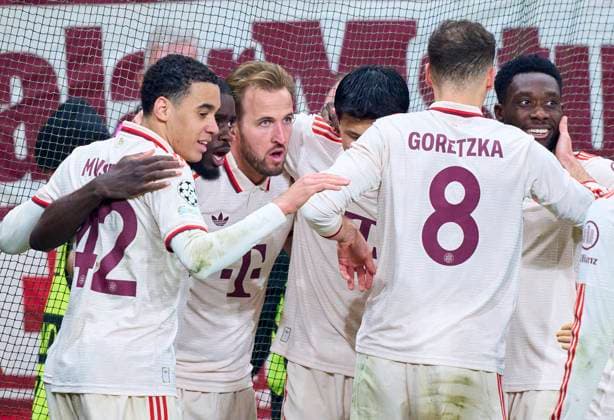 Harry Kane, FCB 9 scores, shoots goal , Tor, Treffer, Torschuss, 0-1, celebrates his goal, happy, laugh, celebration, in the round of 16 second leg match BAYER 04 LEVERKUSEN - FC BAYERN MUENCHEN of football UEFA Champions League in season 2024 2025 in Leverkusen, Mar 11, 2025 , FCB, x.Spieltag, München