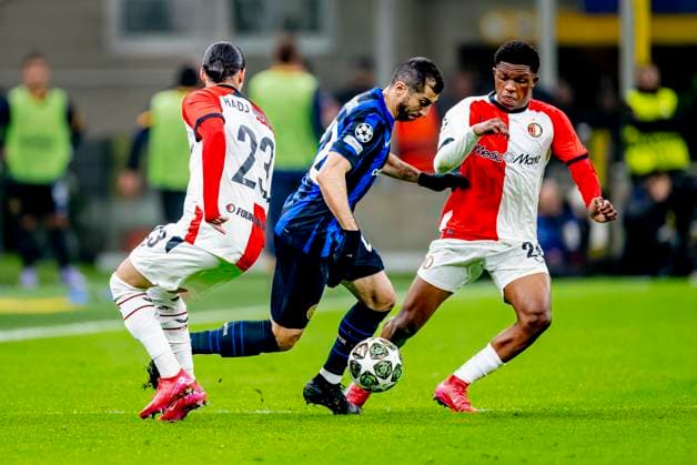 Feyenoord Rotterdam forwarder Anis Hadj Moussa, FC Internazionale Milan defender Henrikh Mkhitaryan, Feyenoord Rotterdam midfielder Givairo Read during the match Inter Feyenoord at the San Siro Stadium for the UEFA Champions League Round of 16 2st leg season 2024 2025 in MILAN, Italia on 11 march 2025, photo by Marcel van Dorst EYE4images DeFodi Images