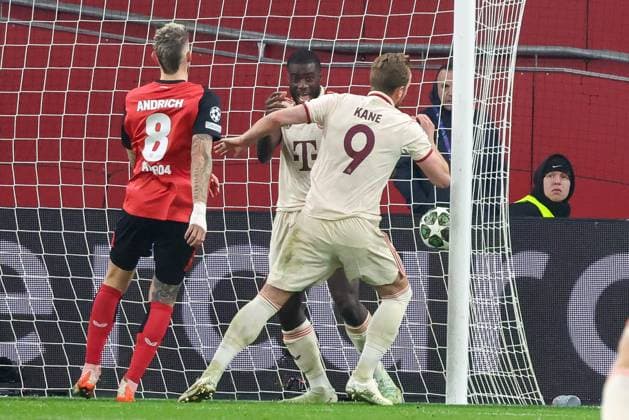 Harry Kane 9 FC Bayern Muenchen scores the goal for 0 1, Bayer 04 Leverkusen vs FC Bayern Muenchen, Football, Champions League, Round of 16, second leg, 11 03 2025 Leverkusen North Rhine-Westphalia Germany Copyright: xkolbert-press MartinxAgüerax