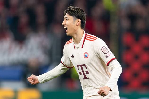 2025-03-11 Bayer 04 Leverkusen v FC Bayern Munchen - UEFA Champions League 2024 25 Round of 16 Second Leg LEVERKUSEN, GERMANY - MARCH 11: Hiroki Ito of FC Bayern Munchen celebrates after the team s second goal during the UEFA Champions League 2024 25 Round of 16 Second Leg match between Bayer 04 Leverkusen and FC Bayern Munchen at BayArena on March 11, 2025 in Leverkusen, Germany. Leverkusen BayArena Germany Content not available for redistribution in The Netherlands directly or indirectly through any third parties. Copyright: xJorisxVerwijstx
