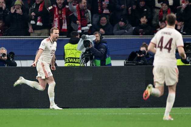 Harry Kane FC Bayern Munich celebrates his goal to make it 0-1 in the round of 16 second leg of the UEFA Champions League 2024 season 25 Bayer Leverkusen FC Bayern Munich Copyright Thomas Pakusch Copyright: Thomas Pakusch