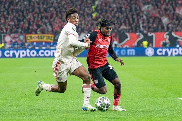 11 03 2025, Football UEFA Champions League, Season 2024 2025, Round of 16, Second leg, Bayer 04 Leverkusen FC Bayern Muenchen in the BayArena in Leverkusen duel between Kingsley Coman FC Bayern Muenchen, 11 and Jeremie Frimpong Bayer 04 Leverkusen, 30 Photo Kirchner Media Thomas Haesler Copyright: xKirchner-Media ThomasxHaeslerx