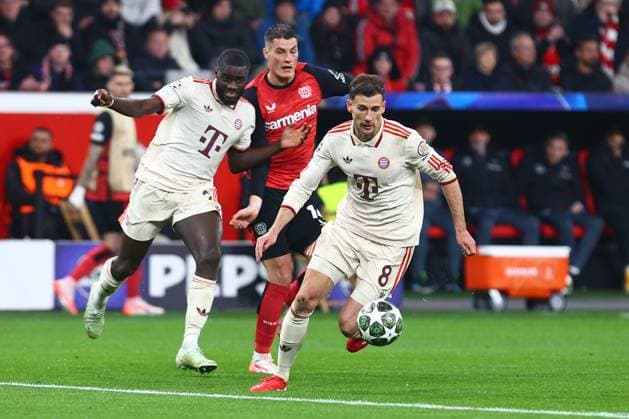 Leon Goretzka 8 FC Bayern Muenchen in duel, action, with Patrik Schick 14 Bayer 04 Leverkusen Dayot Upamecano 2 FC Bayern Muenchen Bayer 04 Leverkusen vs FC Bayern Muenchen, football, UEFA Champions League, round of 16, second leg, season 2024 2025, 11 03 2025 Photo kolbert press Ant Palmer BayArena NRW Germany Copyright: xkolbert-press AntxPalmerx