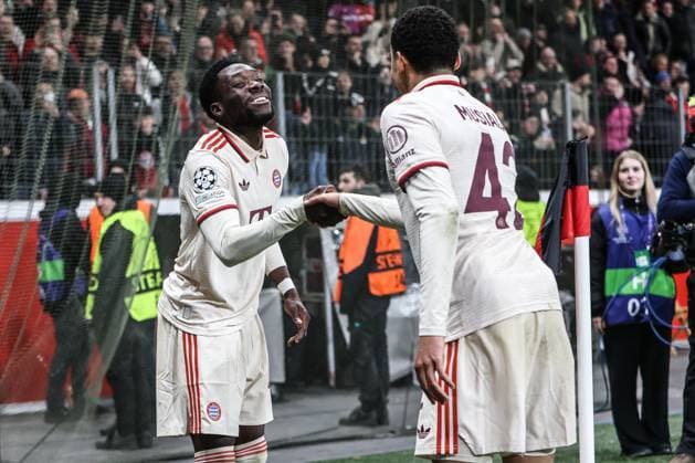 Sport, Football, UEFA Champions League season 2024 2025 Round of 16 second leg Bayer 04 Leverkusen FC Bayern Munich 11 03 2025, BayArena Alphonso Davies FC Bayern Munich, 19 Jamal Musiala FC Bayern Munich, 42 celebrates after scoring the 2 0 Leverkusen BayArena Nordrhein Westfahlen Germany