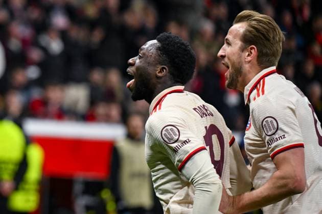 11 03 2025, Football UEFA Champions League 2024 2025, Round of 16, Bayer 04 Leverkusen FC Bayern München, in the BayArena, Alphonso Davies FC Bayern München is happy about the goal to 0 2, Harry Kane FC Bayern München DFL and DFB regulations prohibit any use of photographs as image sequences and or quasi video