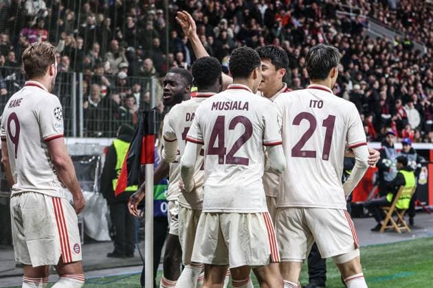 Sport, Football, UEFA Champions League season 2024 2025 Round of 16 second leg Bayer 04 Leverkusen FC Bayern Munich 11 03 2025, BayArena Goal celebration FC Bayern Munich after the 2-0 goal by Alphonso Davies FC Bayern Munich, 19 Leverkusen BayArena North Rhine-Westphalia Germany