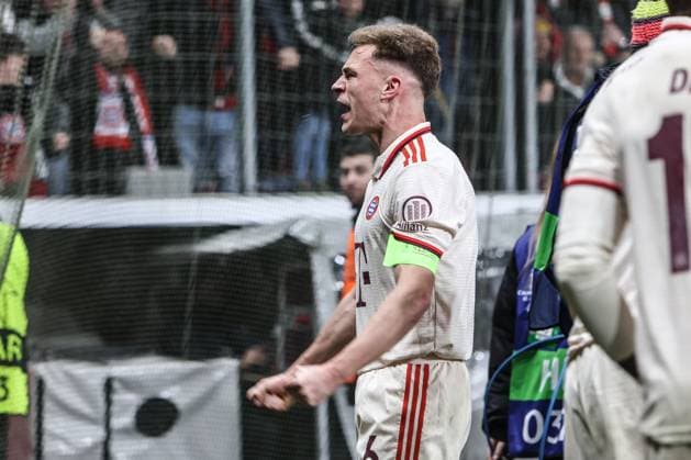 Sport, Football, UEFA Champions League season 2024 2025 Round of 16 second leg Bayer 04 Leverkusen FC Bayern Munich 11 03 2025, BayArena Joshua Kimmich FC Bayern Munich, 6 celebrates after scoring the 2 0 Leverkusen BayArena Nordrhein Westfahlen Germany
