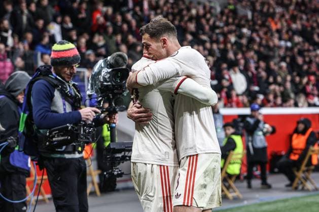 Sport, Football, UEFA Champions League season 2024 2025 Round of 16 second leg Bayer 04 Leverkusen FC Bayern Munich 11 03 2025, BayArena Alphonso Davies FC Bayern Munich, 19 Leon Goretzka FC Bayern Munich, 8 celebrates after scoring the 2 0 Leverkusen BayArena Nordrhein Westfahlen Germany