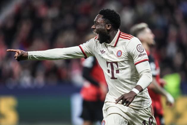 Sport, Football, UEFA Champions League season 2024 2025 Round of 16 second leg Bayer 04 Leverkusen FC Bayern Munich 11 03 2025, BayArena Goal celebration Alphonso Davies FC Bayern Munich, 19 after his goal for 2 0 Leverkusen BayArena Nordrhein Westfahlen Germany