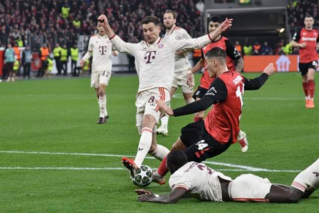 Leon Goretzka Muenchen 8 thwarts goal chance from Patrik Schick Leverkusen 14 11 03 2025 Soccer Champions League, Bayer Leverkusen vs FC Bayern Muenchen, BayArena, Leverkusen, Copyright: xpepphotox xHorstxMauelshagenx pep00321, pep_20250311_hm_13927