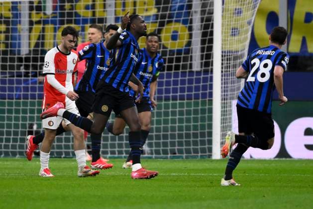 Marcus Thuram of FC Internazionale celebrates after scoring the goal of 1-0 during the UEFA Champions League 2024 2025 round of 16 football match between FC Internazionale and Feyenoord at San Siro stadium in Milano (Italy), March 11, 2025. AndreaxStaccioli
