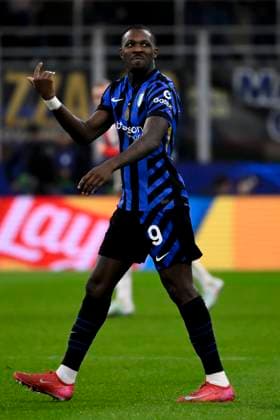 Marcus Thuram of FC Internazionale celebrates after scoring the goal of 1-0 during the UEFA Champions League 2024 2025 round of 16 football match between FC Internazionale and Feyenoord at San Siro stadium in Milano (Italy), March 11, 2025. AndreaxStaccioli