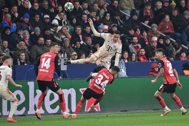 11 03 2025, xjrdrx, Football UEFA Champions League, Bayer 04 Leverkusen Bayern Munich v l Jamal Musiala Muenchen, 42 , Granit Xhaka Leverkusen, 34 duel, fight, tackle DFL DFB REGULATIONS PROHIBIT ANY USE OF PHOTOGRAPHS as IMAGE SEQUENCES and or QUASI VIDEO Leverkusen