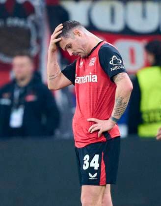 Granit Xhaka, Lev 34 sad in the round of 16 second leg match BAYER 04 LEVERKUSEN - FC BAYERN MUENCHEN of football UEFA Champions League in season 2024 2025 in Leverkusen, Mar 11, 2025 , FCB, x.Spieltag, München